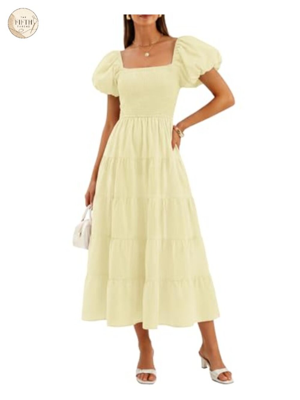 Women Summer Puff Sleeve Boho Midi Dress Smocked Backless A-Line